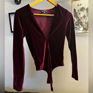Express Maroon Low Cut Long Sleeve Velvet Bodysuit XS